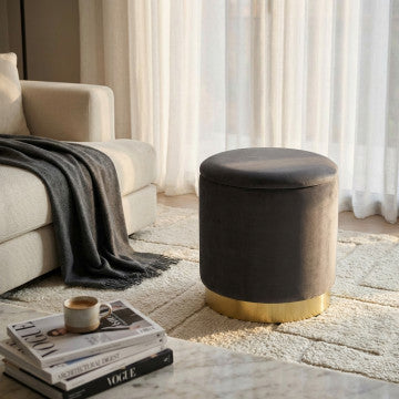 Pouf contenitore rotondo in velluto grigio scuro Ø 37 cm altezza 40 cm