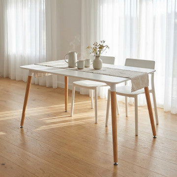 Tavolo rettangolare piano ABS bianco, gambe in legno, 120x80x75 cm