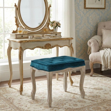 Sgabello in legno con rivestimento in velluto blu, dimensioni 50x36x47 cm