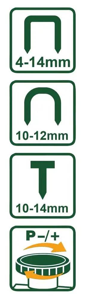 Simboli compatibilità graffatrice 3in1 4-14MM Jadever: supporta graffe standard, a U e chiodi, con regolazione pressione per uso versatile.