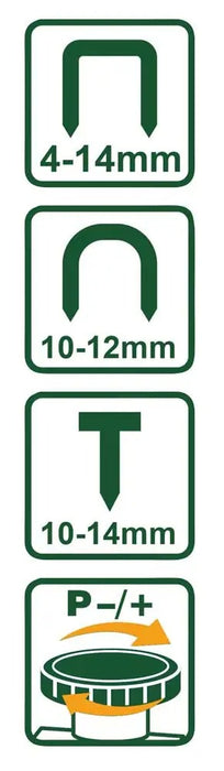 Simboli compatibilità graffatrice 3in1 4-14MM Jadever: supporta graffe standard, a U e chiodi, con regolazione pressione per uso versatile.