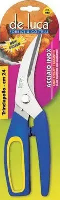 TRINCIAPOLLO PROFESS.L/INOX(85-24) con lame curve in acciaio inox temperato e manico ergonomico blu e giallo, ideale per uso cucina professionale.