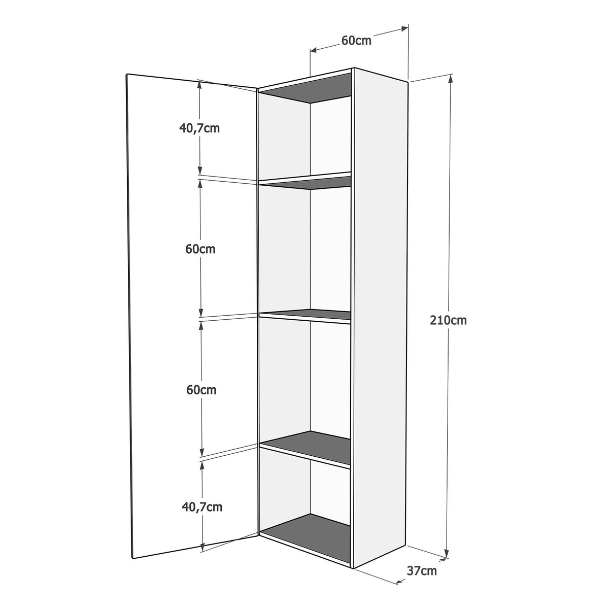 Disegno tecnico colonna armadio Kentaro con 3 ripiani interni. Altezza 210 cm, profondità 37 cm, ideale per organizzare lo spazio.