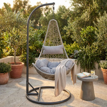 Dondolo con struttura in metallo tortora e seduta in wicker grigio
