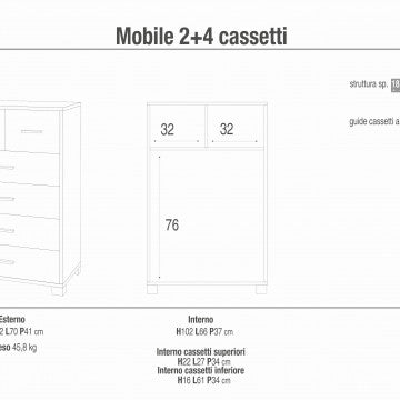 Cassettiera 6 cassetti 70x41x112 cm MDF titanio quercia bianco