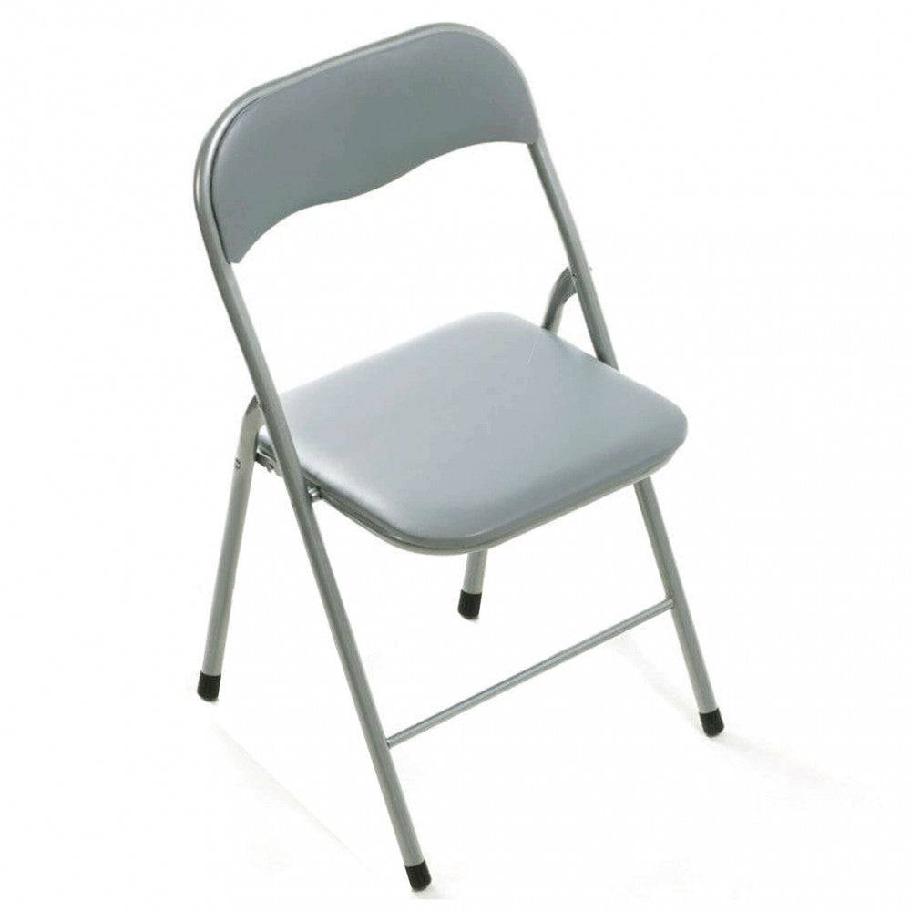 Sedia pieghevole da interno Slim in PVC grigio chiaro opaco con gambe in acciaio verniciato. Perfetta per spazi ridotti e facile da riporre.