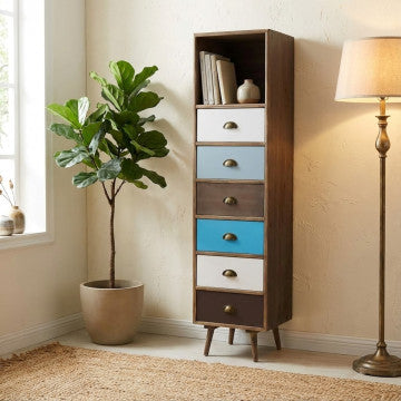 Mobiletto con struttura MDF, gambe pino, top naturale, 1 ripiano e 6 cassetti