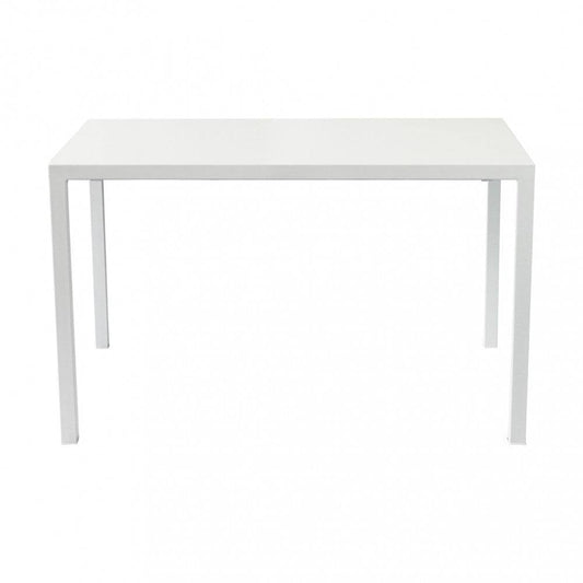 Tavolo da esterno bianco con struttura in acciaio verniciato, forma rettangolare, dimensioni 80x120x76cm, superficie liscia e moderna
