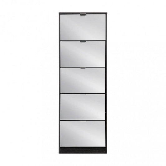 Scarpiera Susie con 5 ante in legno grigio scuro e specchio incorporato, ideale per ingresso, dimensioni 60x24x180cm, stile moderno.