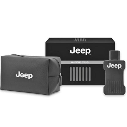 Set regalo Jeep Freedom per uomo con cofanetto eau de toilette da 100 ml, beauty case in tessuto nero e portacipria in plastica con logo Jeep