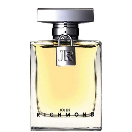 Profumo John Richmond For Woman Eau de Parfum in bottiglia rettangolare trasparente con liquido giallo, chiusura metallica e logo JR