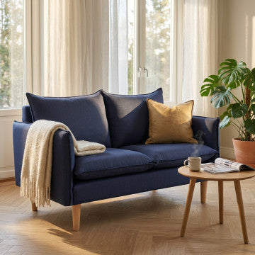 Divano 2 posti rivestito in tessuto con gambe in legno, 130x84x51 cm