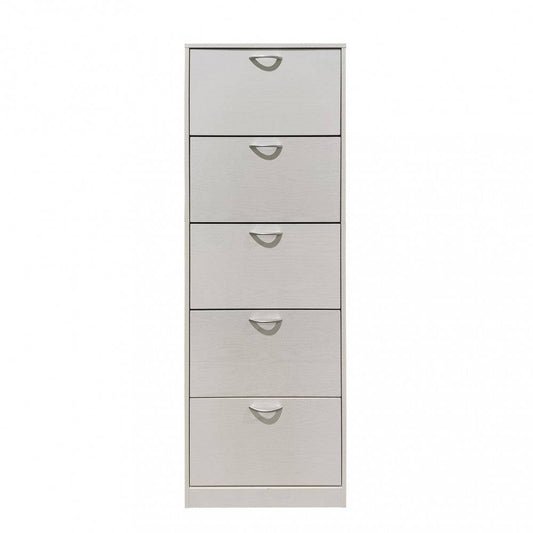 Scarpiera bianca in legno con cinque ante, design semplice e funzionale, ideale per organizzare scarpe e accessori in ingresso, dimensioni 60x24x180cm.