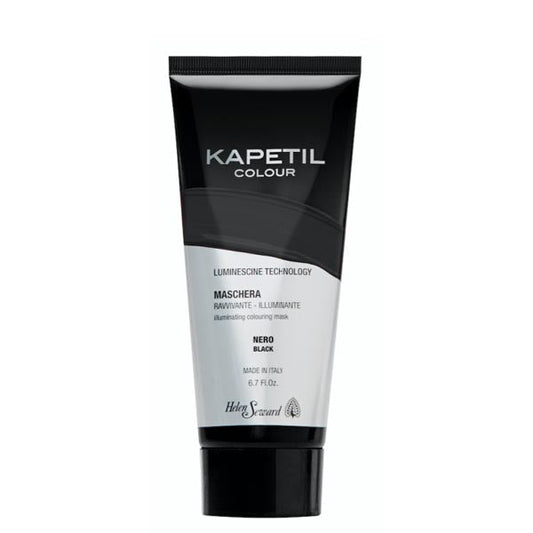 Maschera capelli illuminante nero in tubo da 200ml con design nero e bianco, trattamento nutriente e illuminante per capelli scuri, senza ammoniaca.