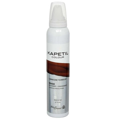 Schiuma riflessante mogano in bomboletta bianca con etichetta marrone, ideale per fissare e ravvivare il colore dei capelli, formato 200 ml