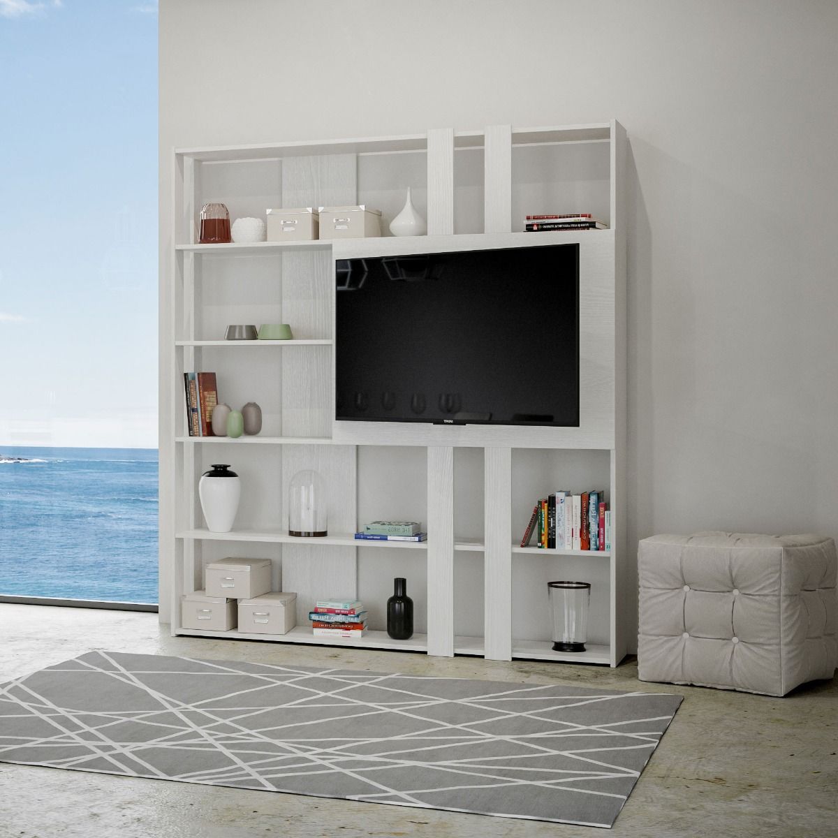 Libreria Porta TV Kato 178x204x36 cm Librerie made in italy Hobby Shop Solution Libreria L Bianco Frassino 