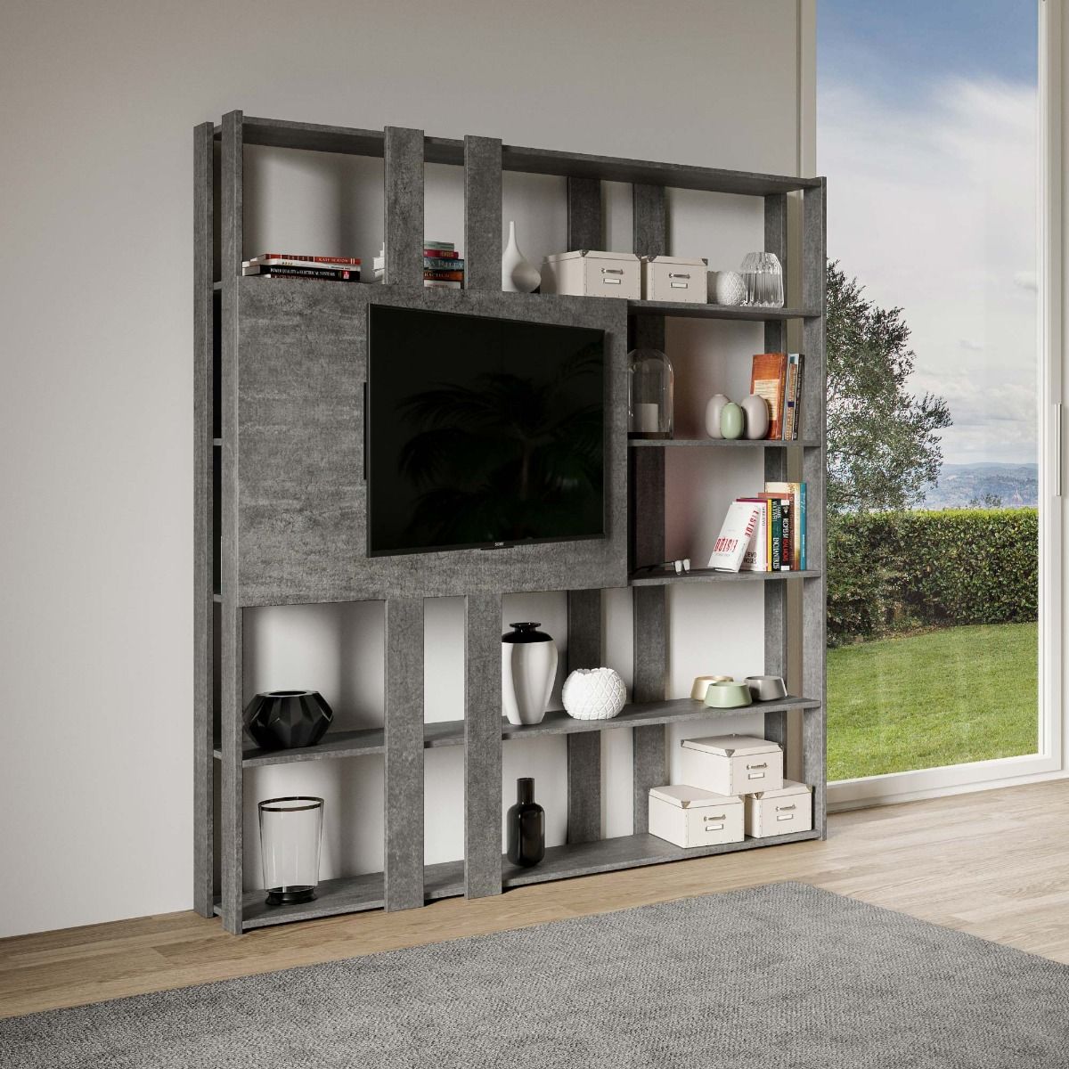 Libreria Porta TV Kato 178x204x36 cm Librerie made in italy Hobby Shop Solution Libreria N Cemento 