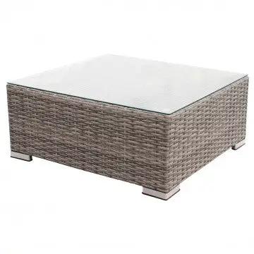 Tavolino Copacabana in alluminio e wicker grigio con piano in vetro, dimensioni 73x68x30 cm, ideale per esterni moderni.