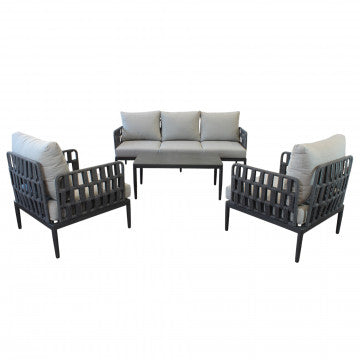 Salotto 3 pezzi struttura alluminio rivestimento corda PVC con cuscini