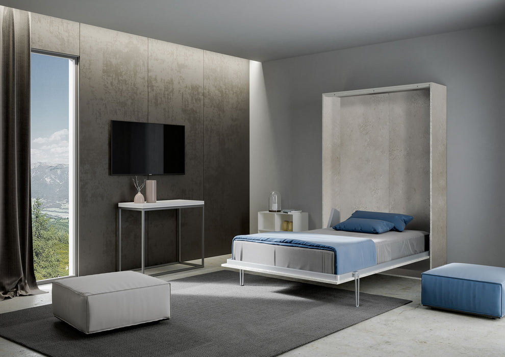 Letto Kentaro effetto cemento aperto in soggiorno, perfetto per ottimizzare lo spazio senza rinunciare al comfort.
