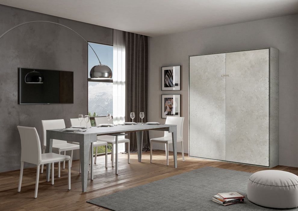 Letto Kentaro chiuso in finitura cemento in soggiorno elegante, perfetto per arredare con stile e funzionalità.