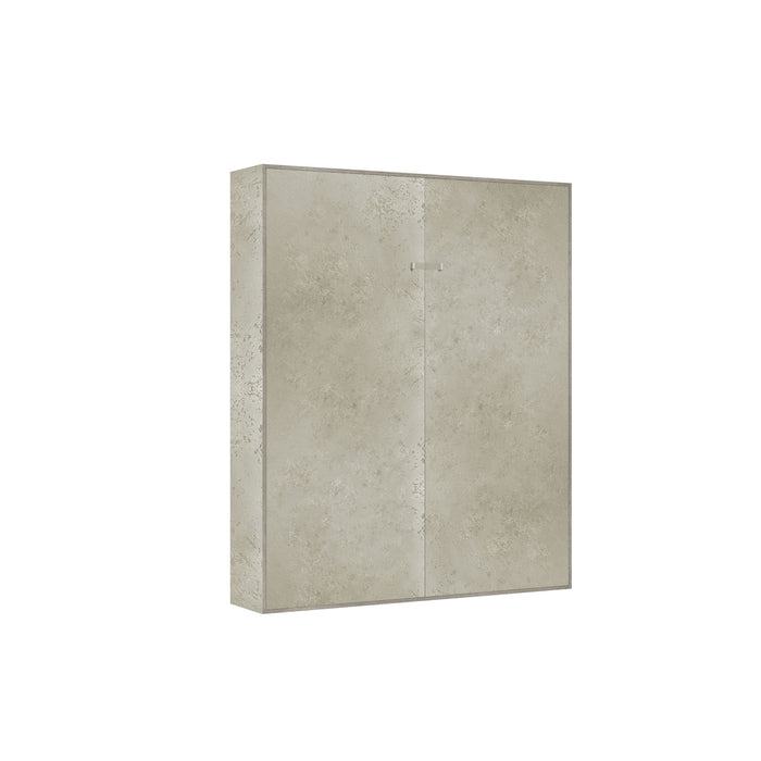 Vista frontale del letto Kentaro chiuso in finitura cemento, design compatto per spazi ridotti.