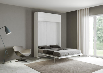 Letto Kentaro bianco con pensile aperto, una piazza e mezza, perfetto per ambienti moderni. Comfort e funzionalità in verticale.