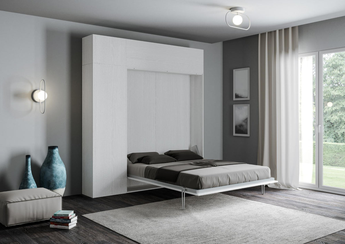 Letto Kentaro bianco con colonna e pensile aperto, una piazza e mezza, soluzione completa per piccoli spazi. Comfort e stile garantiti.