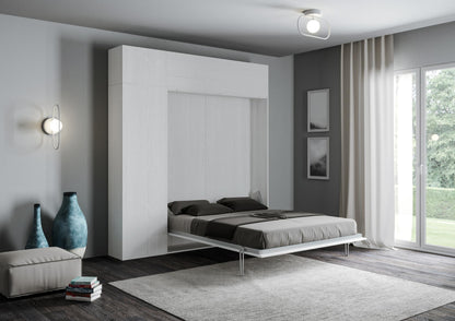 Letto Kentaro bianco con colonna e pensile aperto, una piazza e mezza, soluzione completa per piccoli spazi. Comfort e stile garantiti.
