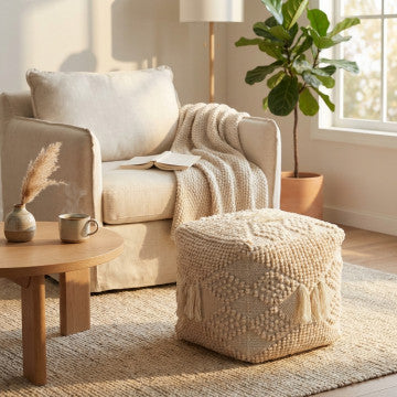Pouf quadrato in cotone e lana, 40x40x40 cm, colore bianco avorio