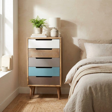Cassettiera con struttura MDF, gambe pino, 5 cassetti colorati