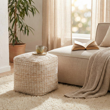 Pouf quadrato in lana e juta, dimensioni 40x40x40 cm, colore avorio