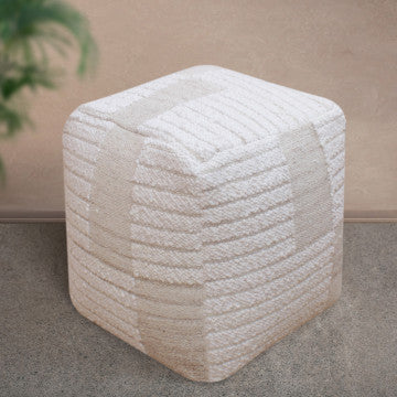 Pouf quadrato in lana avorio con decoro, 40x40x40 cm