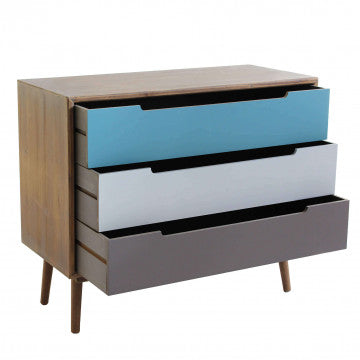 Mobile con struttura MDF, gambe pino, top marrone, 3 cassetti colorati