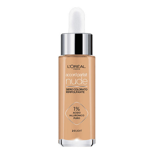 Siero colorato L'OREAL Accord Parfait Nude 2-3 Light in bottiglia con contagocce, formula rimpolpante e uniformante, adatto pelli sensibili