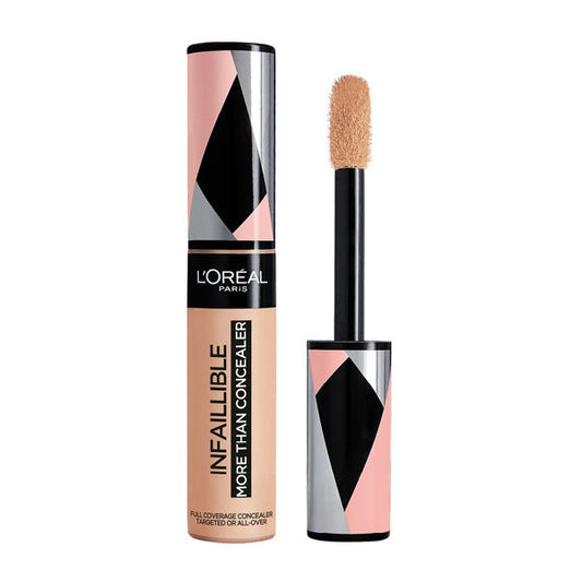 Correttore viso ultra coprente L'Oreal Infallible Vanille 326 con applicatore maxi, confezione cilindrica con design geometrico rosa, nero e grigio