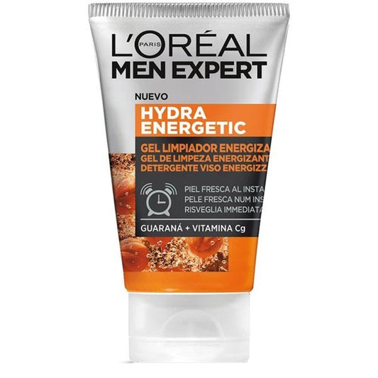 Tubo di gel viso energizzante uomo L'OREAL Men Expert Hydra Energetic, formato 100 ml, con texture trasparente e colore arancione, ideale per detergere e rivitalizzare la pelle.