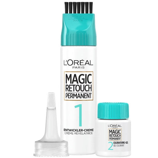 Kit di ritocco permanente L'Oreal Magic Retouch con crema rivelatrice, gel colorante e applicatore, per copertura capelli bianchi