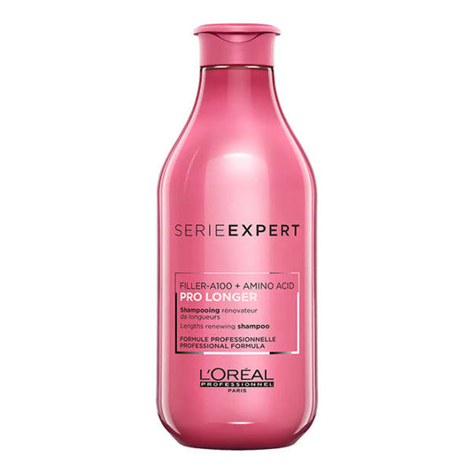 Bottiglia di shampoo L'Oréal Serie Expert Pro Longer, contenente 300 ml di prodotto rosa con etichetta rossa e tappo rosa, ideale per capelli lunghi
