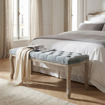 Panca in legno e velluto grigio, dimensioni 110x36x47 cm