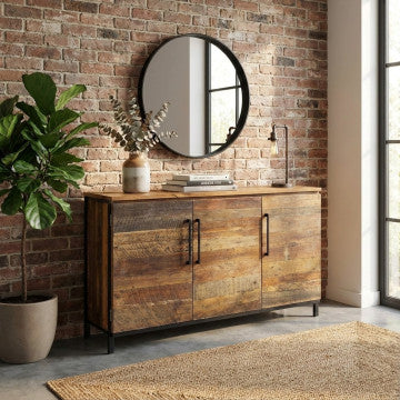 Mobile con 3 ante, struttura legno naturale, gambe metallo nero, 150x40x86 cm