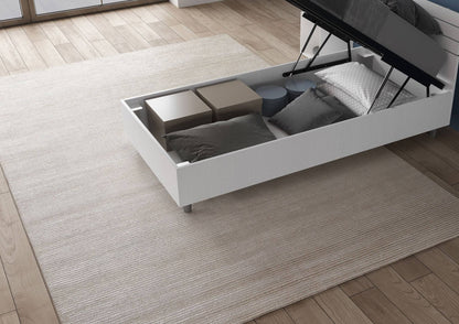 Letto singolo bianco Nuamo 80x200 con contenitore aperto, ideale per riporre cuscini, scatole e altri oggetti.