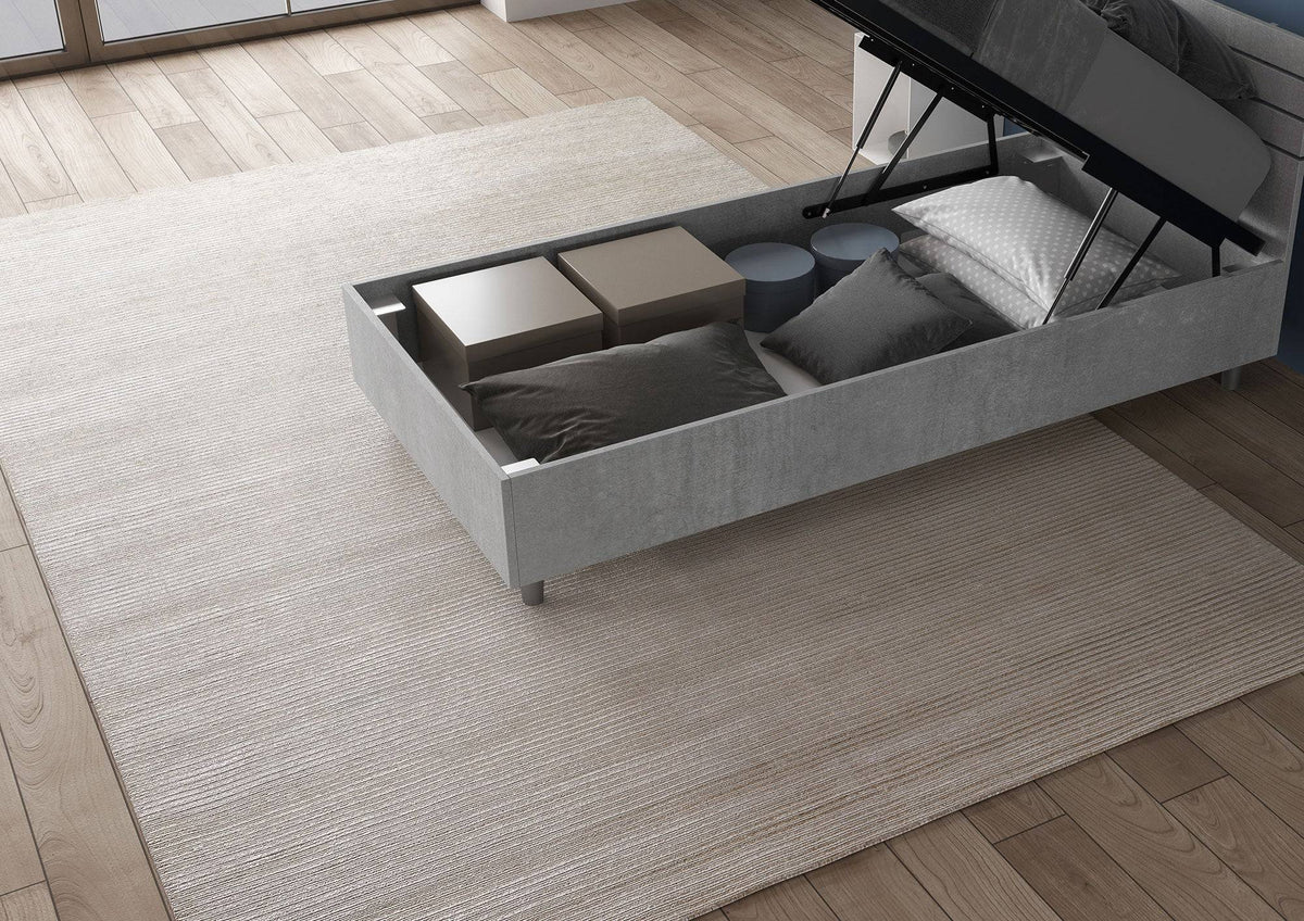 Letto singolo 80x200 Demas effetto cemento con contenitore aperto, perfetto per un design moderno e per organizzare gli spazi.