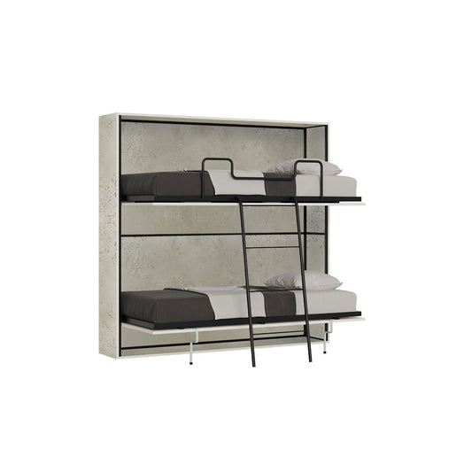 Letto a scomparsa doppio orizzontale Kando con materassi aperto in versione castello, struttura effetto cemento chiaro, ideale per spazi ridotti.