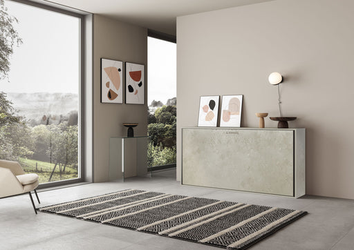 Mobile chiuso del letto a scomparsa orizzontale Kando in finitura cemento chiaro, perfetto per arredare con stile salotti o studi.