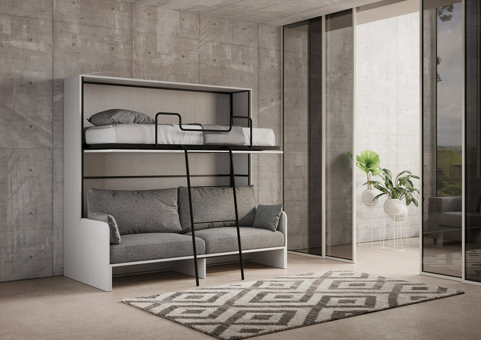 Letto a scomparsa doppio Kando Sofà con letto superiore aperto e divano sottostante, ideale per ospitare senza rinunciare allo stile.