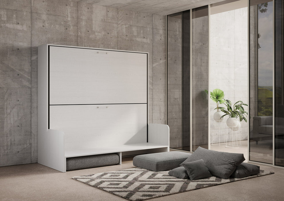 Letto a scomparsa Kando Sofà in fase di apertura, con divano trasformabile e materassi nascosti, perfetto per arredare con stile e praticità.