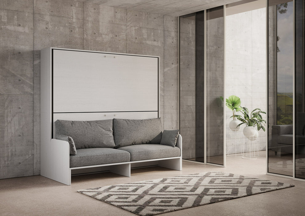 Letto a scomparsa doppio orizzontale Kando Sofà in un soggiorno moderno, chiuso con divano grigio, soluzione elegante e funzionale per spazi ridotti.