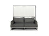 Letto a scomparsa doppio orizzontale Kando Sofà visto frontalmente con divano grigio, perfetto per arredare piccoli spazi con eleganza.