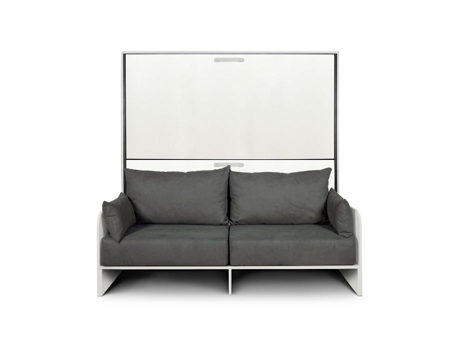 Letto a scomparsa doppio orizzontale Kando Sofà visto frontalmente con divano grigio, perfetto per arredare piccoli spazi con eleganza.